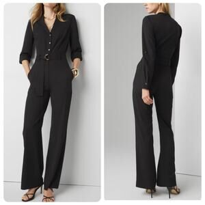 WHBM Long Roll Tab Belted Utility Lightweight Jumpsuit Black Women's Size 18 NEW